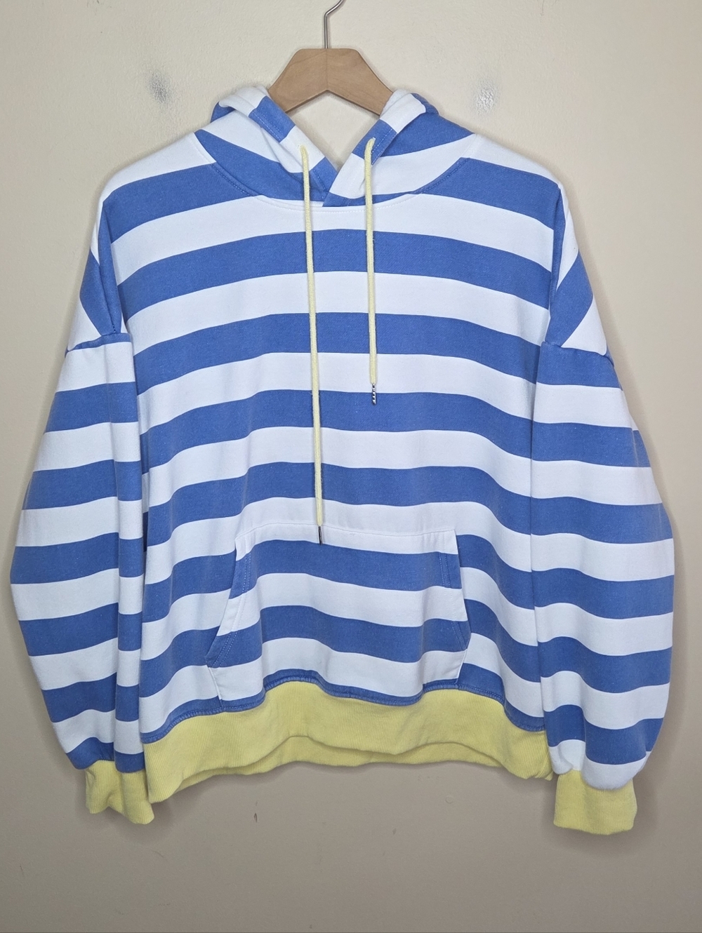 Blue White Yellow Stripe Hoodie Sweatshirt Size Large Beachy Casual Weekend
